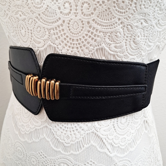 Womens Black Vintage corset boho elastic wide Faux leather gold stick waist belt - Picture 8 of 11